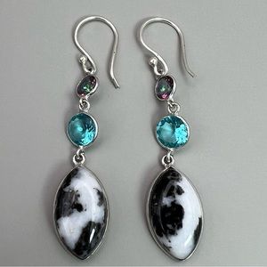 New Buffalo Turquoise Stone Silver Overlay Earrings Sim Mystic Topaz Blue Topaz